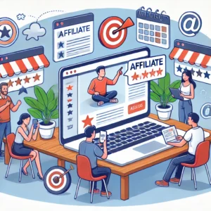 Affiliate Marketing Illustration showing affiliates promoting a product on their websites or social media