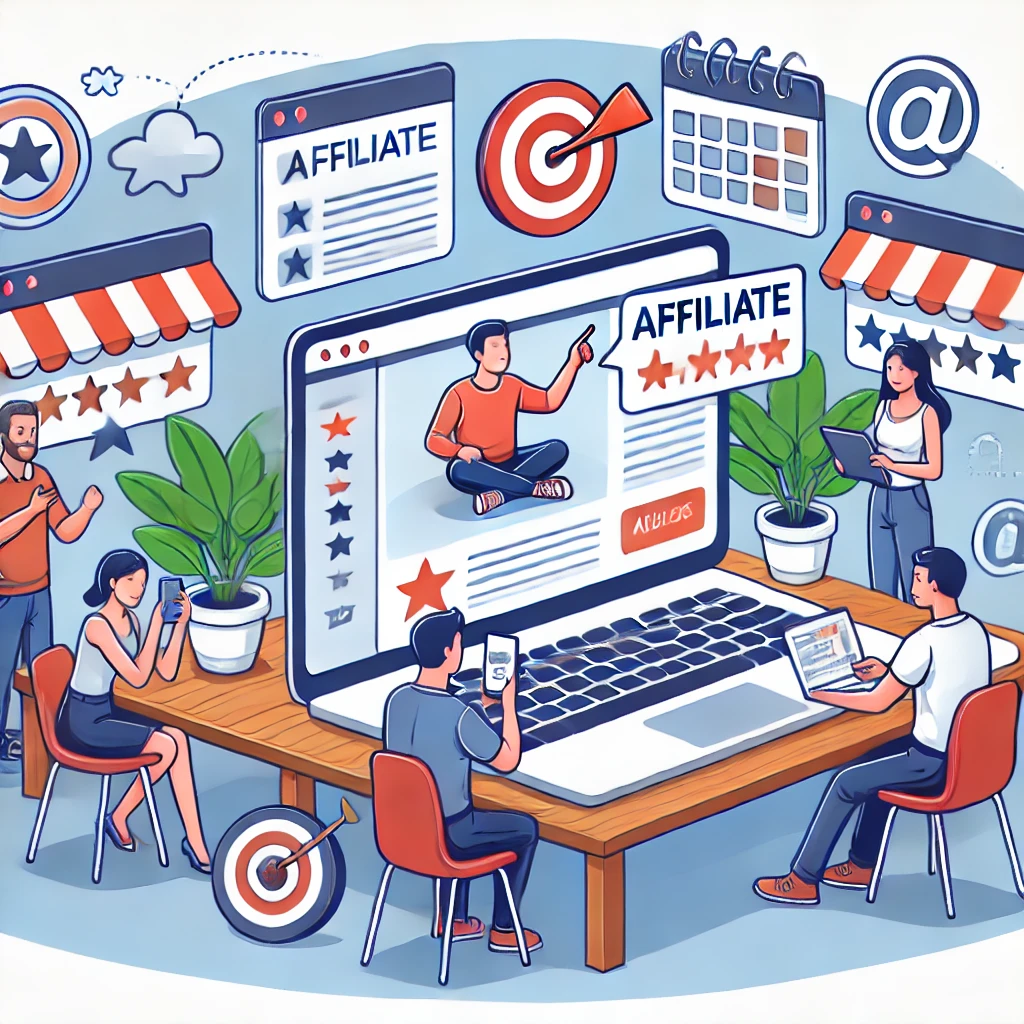 Affiliate Marketing Illustration showing affiliates promoting a product on their websites or social media