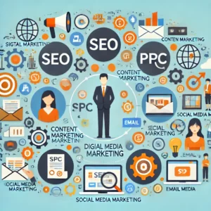 Digital Marketing Infographic that explains digital marketing with icons for SEO, PPC, content marketing, social media marketing, email marketing, and more