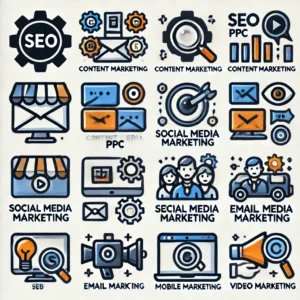 Types of Digital Marketing Set of icons representing SEO PPC content marketing social media marketing email marketing affiliate marketing mobile marketing and vi