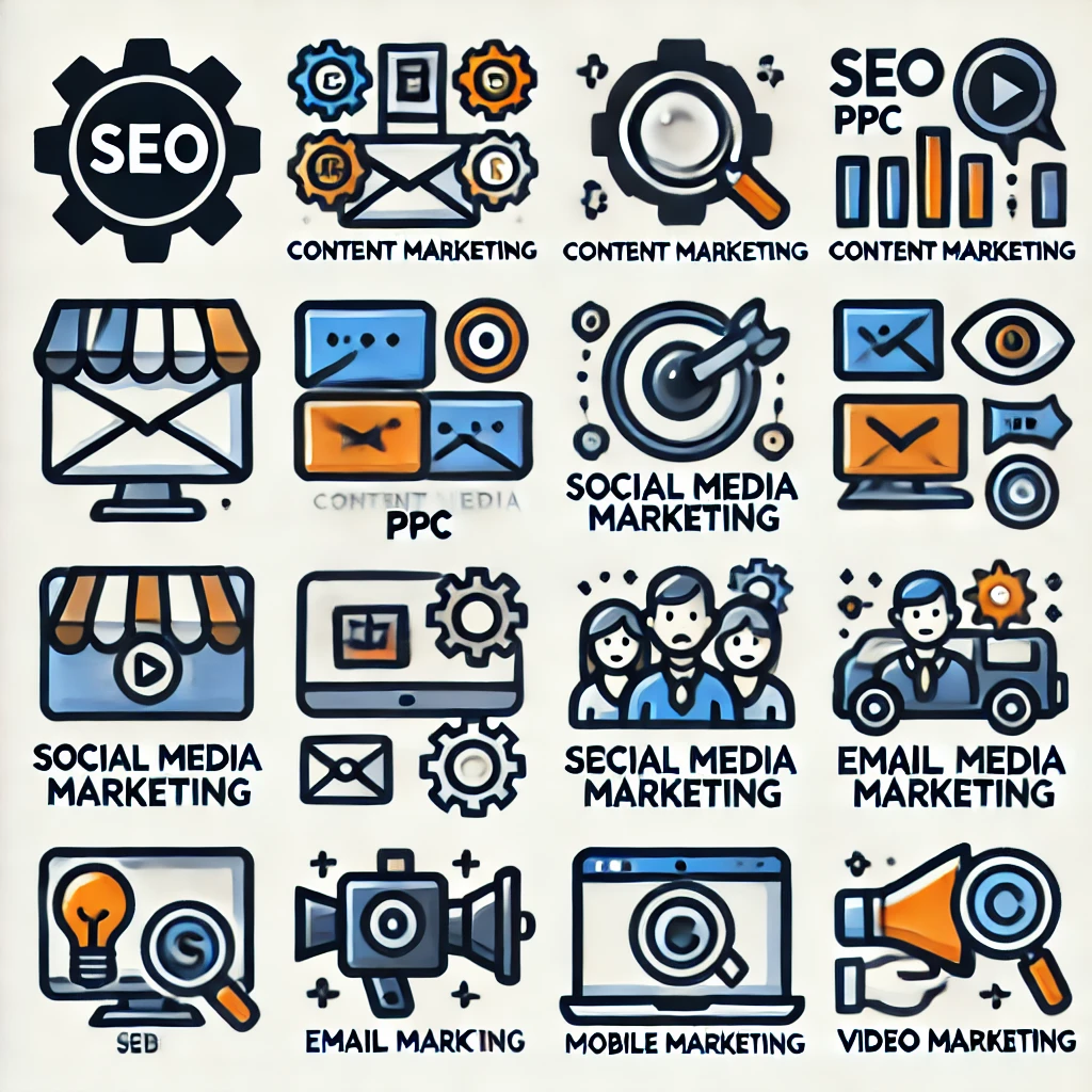 Types of Digital Marketing Set of icons representing SEO PPC content marketing social media marketing email marketing affiliate marketing mobile marketing and vi