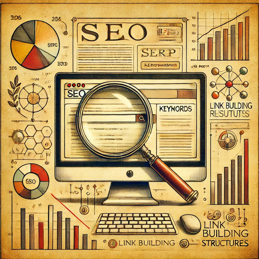 A classic representation of SEO elements. The image features traditional symbols like a magnifying glass over a computer screen symbolizing seo