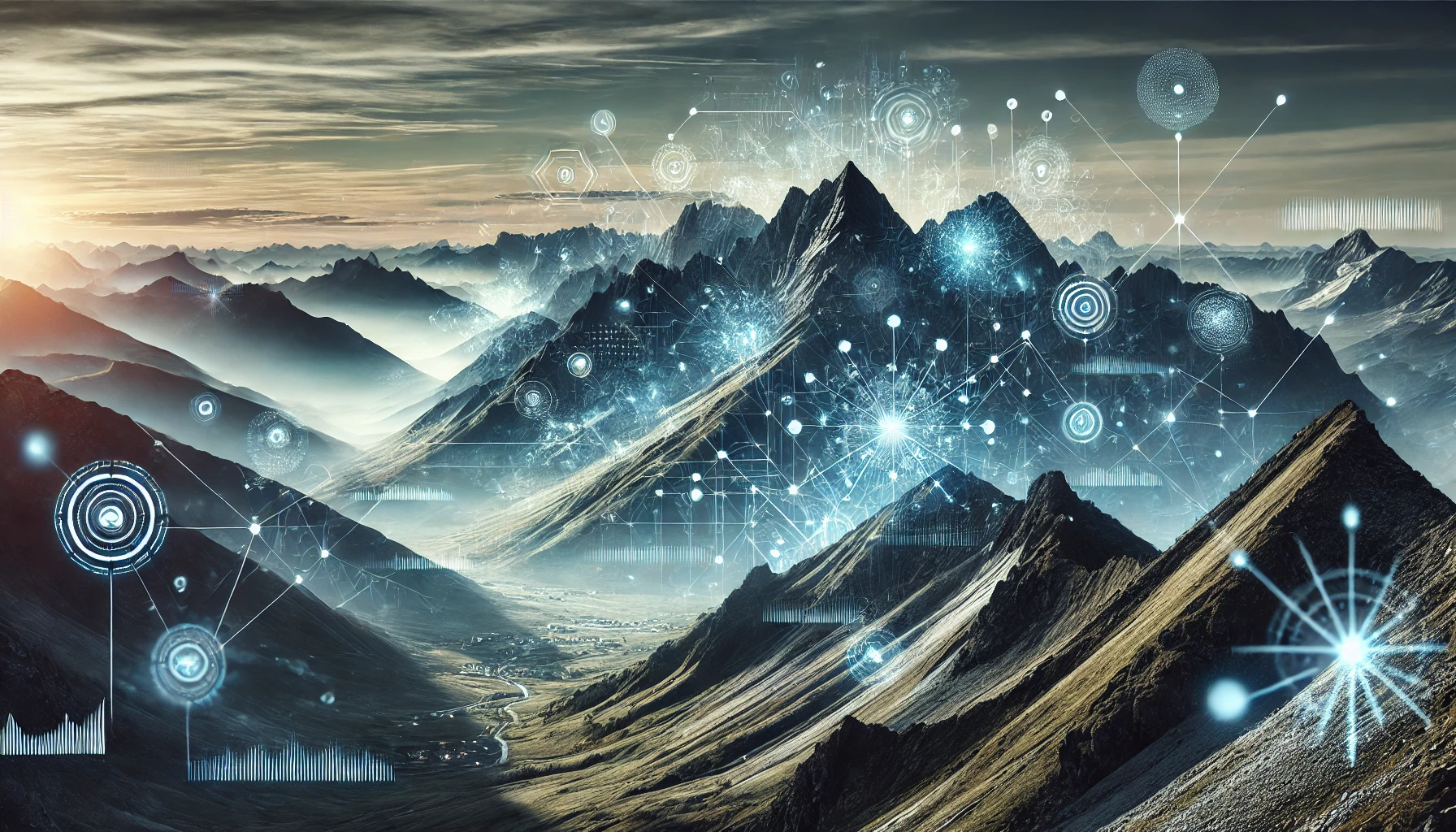 Mountain landscape with glowing digital elements, representing WordPress websites and Shopify ecommerce innovation and growth.