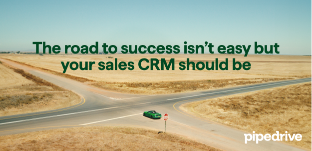 A green convertible car at a crossroads with text about sales CRM.