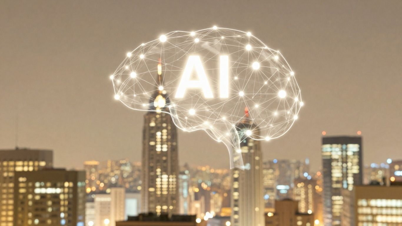 AI transforming customer conversations in a futuristic city.