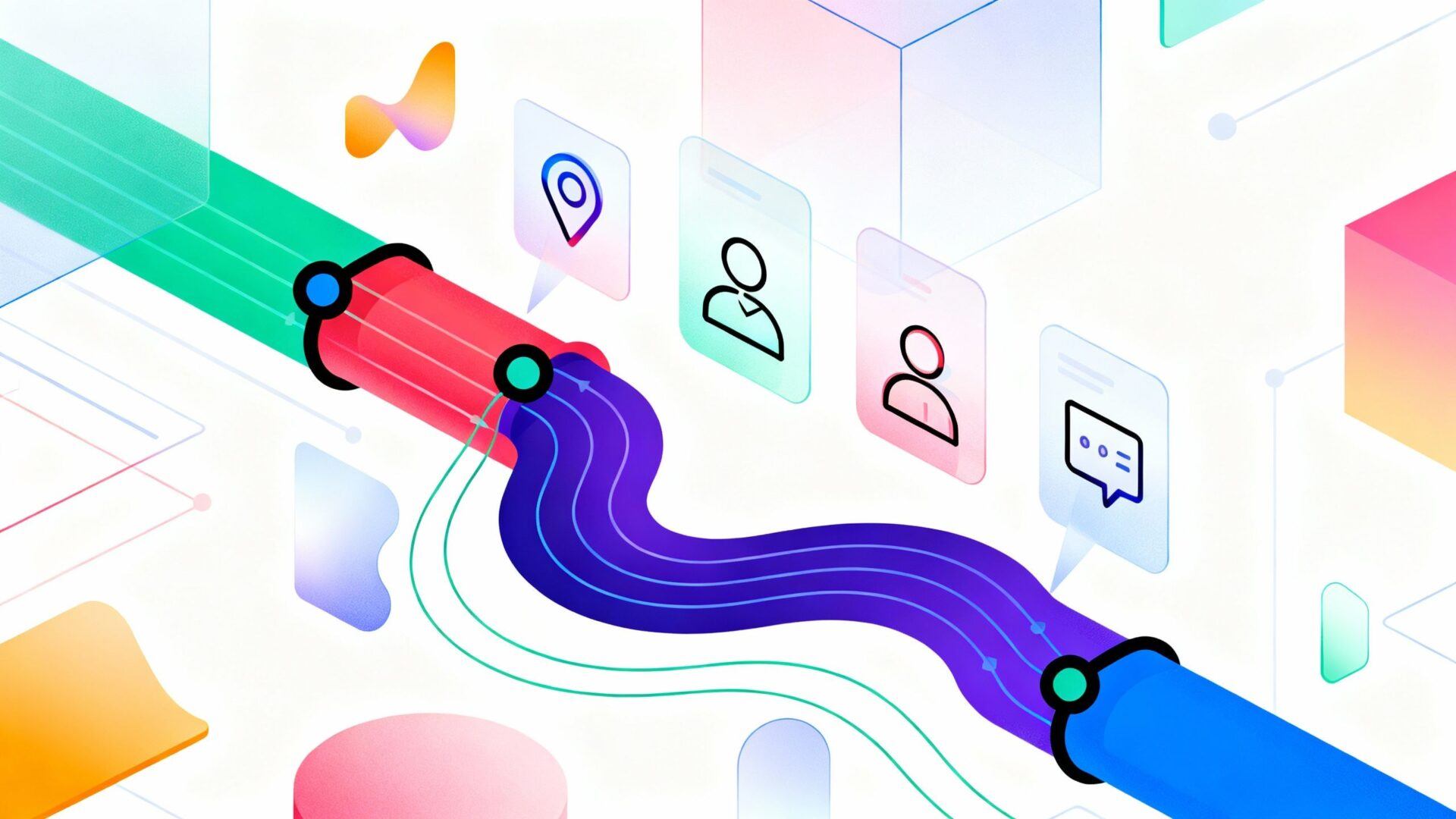 Illustration of a CRM sales pipeline with abstract shapes and icons.